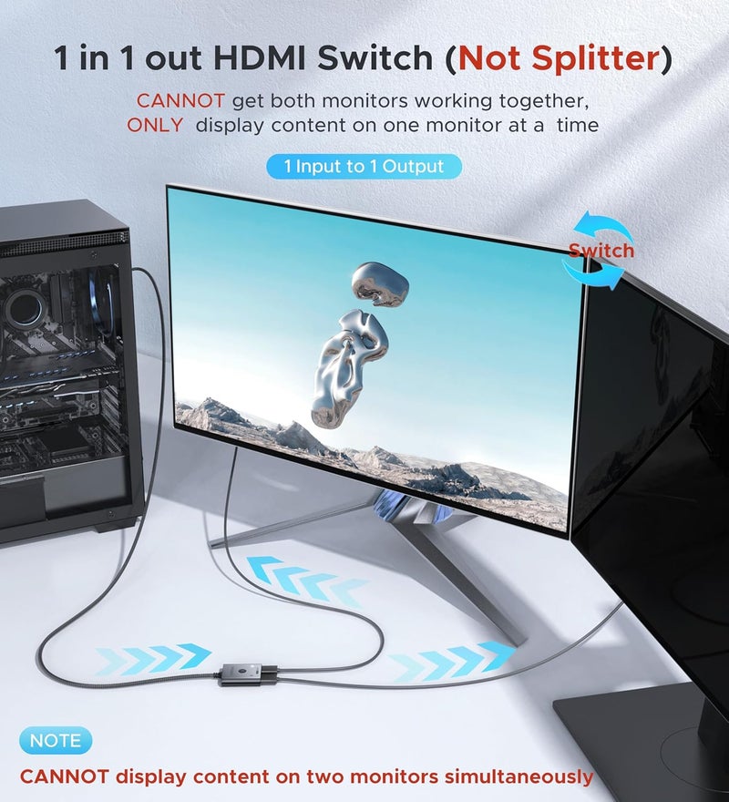 Warrky HDMI Switch 2 in 1 Out 4K@60Hz, [3.3ft Fixed Braided HDMI Cable, Aluminum Case, HDCP 2.2] Bidirectional 2x1 Switcher (Not Splitter) Compatible for PS5/4, Nintendo Switch, FireStick – Black - Image 4